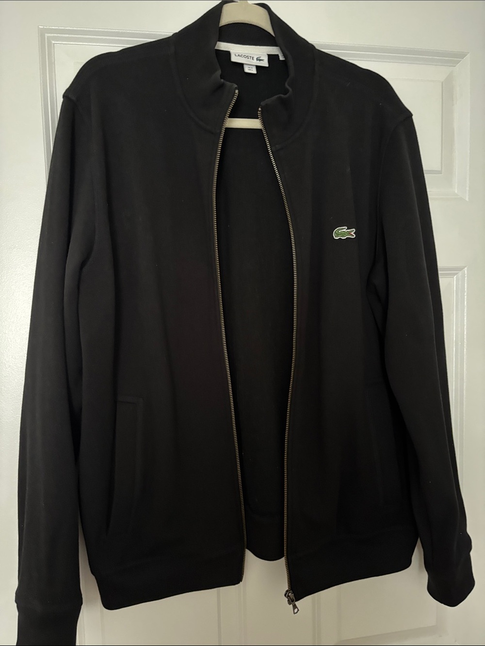 Lacoste Black Zip-Up Bomber Jacket with Green Croc Patch